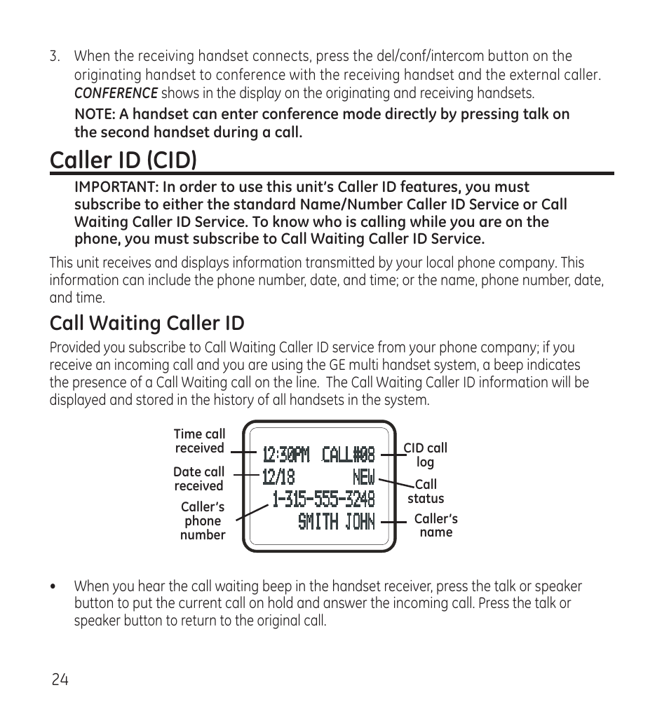 Caller id (cid), Call waiting caller id | GE 28115 User Manual | Page 24 / 84