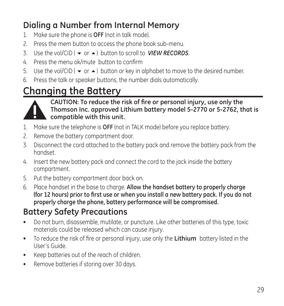 Changing the battery, Battery safety precautions | GE 28115 User Manual | Page 29 / 84