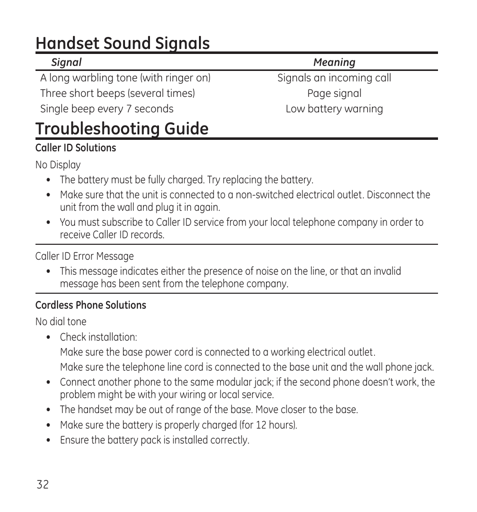 Handset sound signals, Troubleshooting guide | GE 28115 User Manual | Page 32 / 84