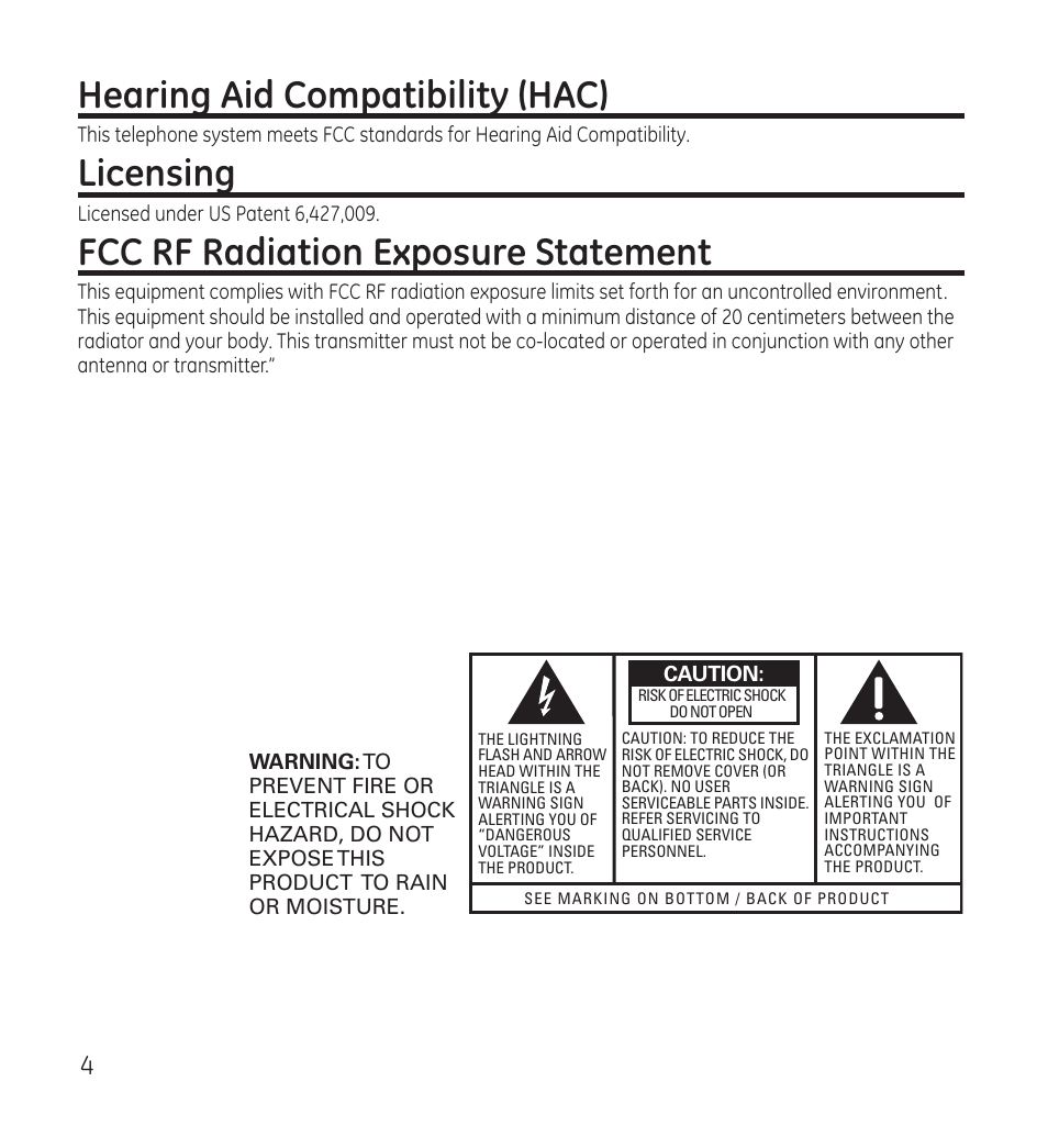 Hearing aid compatibility (hac), Licensing, Fcc rf radiation exposure statement | GE 28115 User Manual | Page 4 / 84