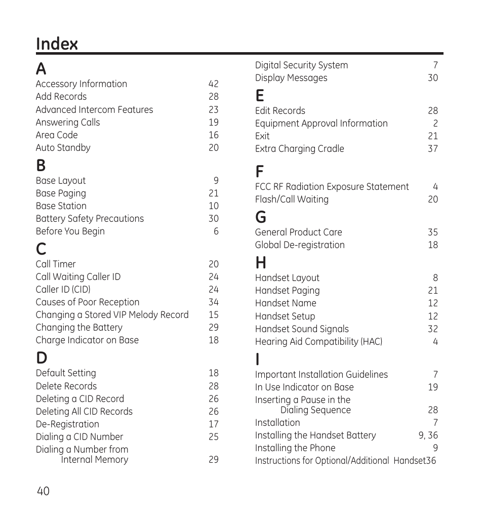 Index a | GE 28115 User Manual | Page 40 / 84