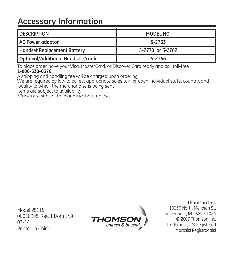 Accessory information | GE 28115 User Manual | Page 42 / 84