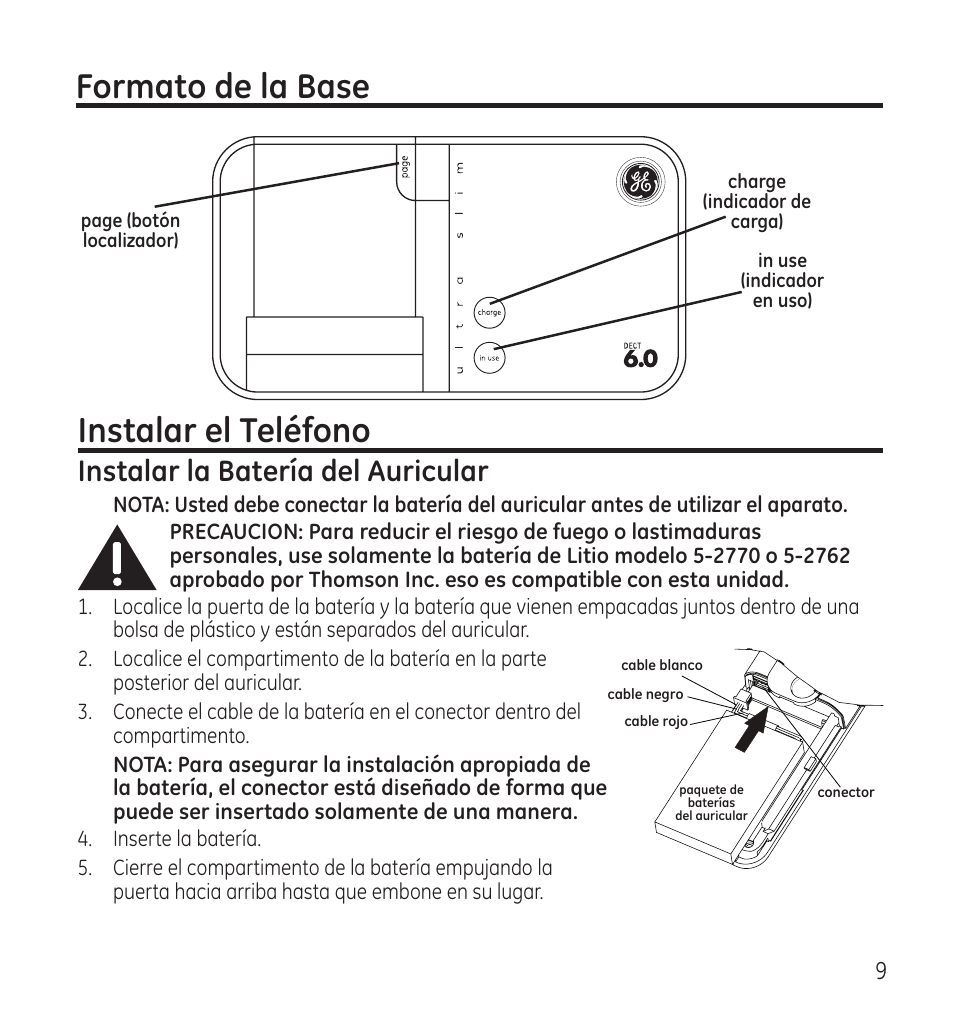Formato de la base, Instalar el teléfono, Instalar la batería del auricular | GE 28115 User Manual | Page 51 / 84