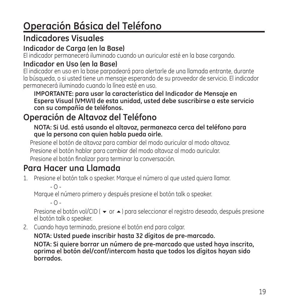 Operación básica del teléfono, Indicadores visuales, Operación de altavoz del teléfono | Para hacer una llamada | GE 28115 User Manual | Page 61 / 84