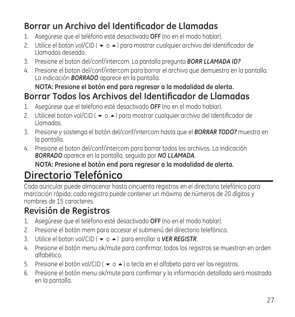 Directorio telefónico, Borrar un archivo del identificador de llamadas, Revisión de registros | GE 28115 User Manual | Page 69 / 84