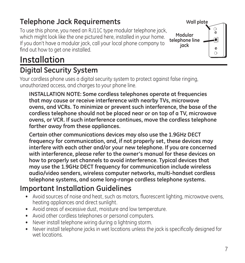 Installation, Telephone jack requirements, Digital security system | Important installation guidelines | GE 28115 User Manual | Page 7 / 84