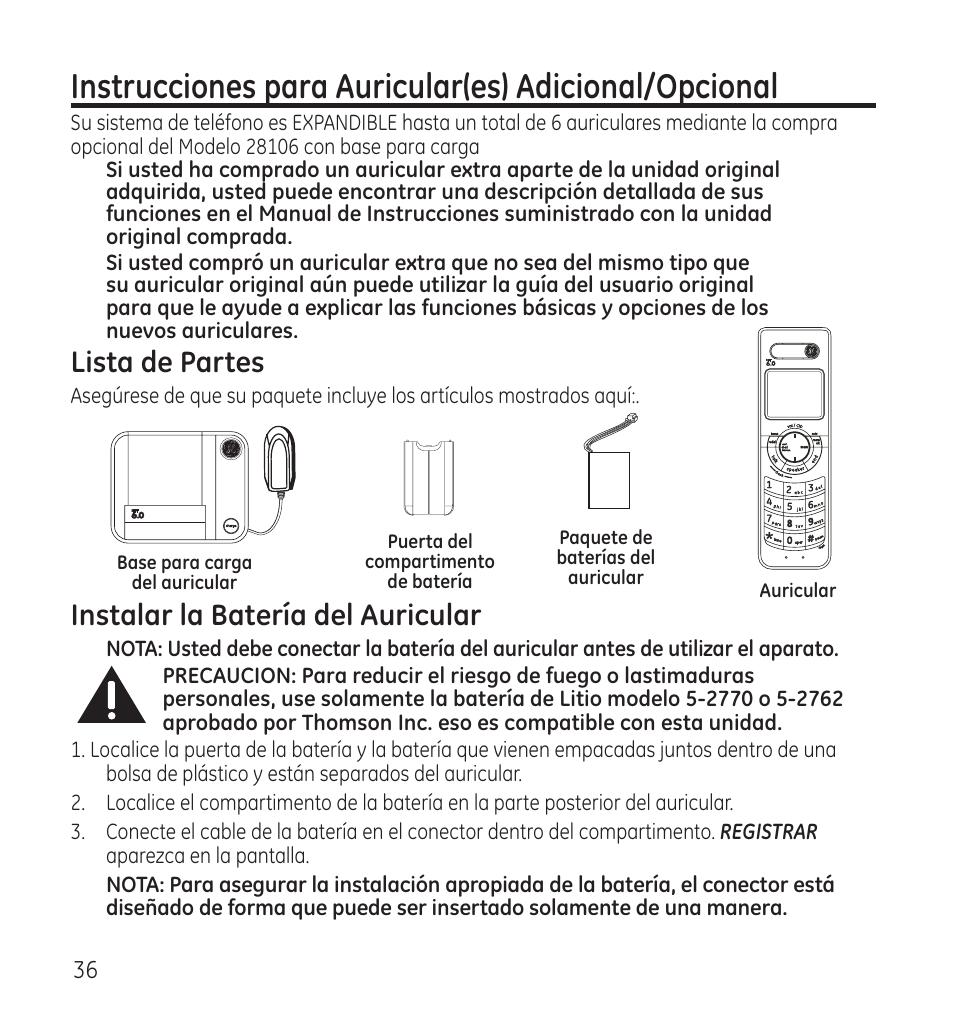 Lista de partes, Instalar la batería del auricular | GE 28115 User Manual | Page 78 / 84