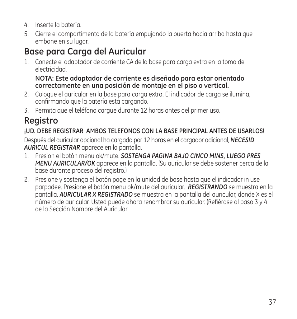 Base para carga del auricular, Registro | GE 28115 User Manual | Page 79 / 84