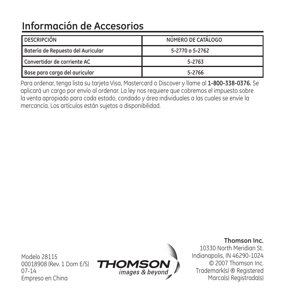 Información de accesorios | GE 28115 User Manual | Page 84 / 84