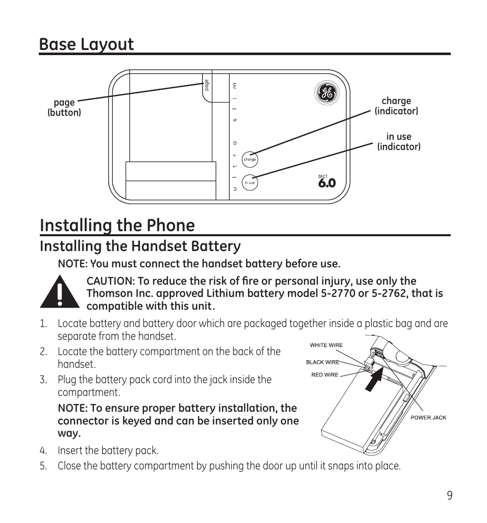 Base layout, Installing the phone, Installing the handset battery | GE 28115 User Manual | Page 9 / 84