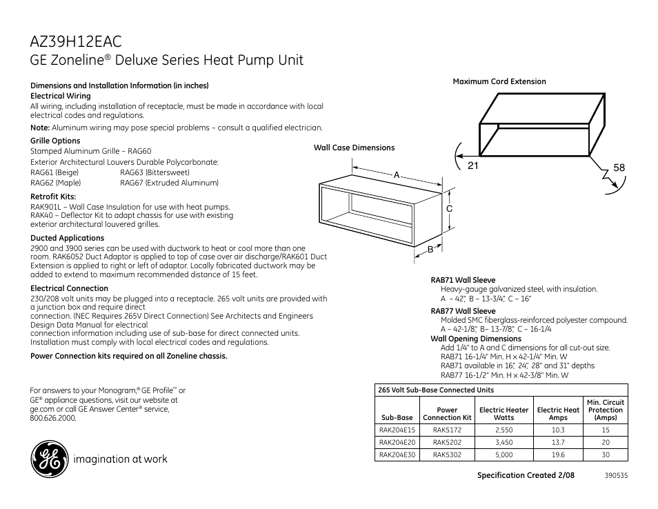 GE Zoneline AZ39H12EAC User Manual | 2 pages