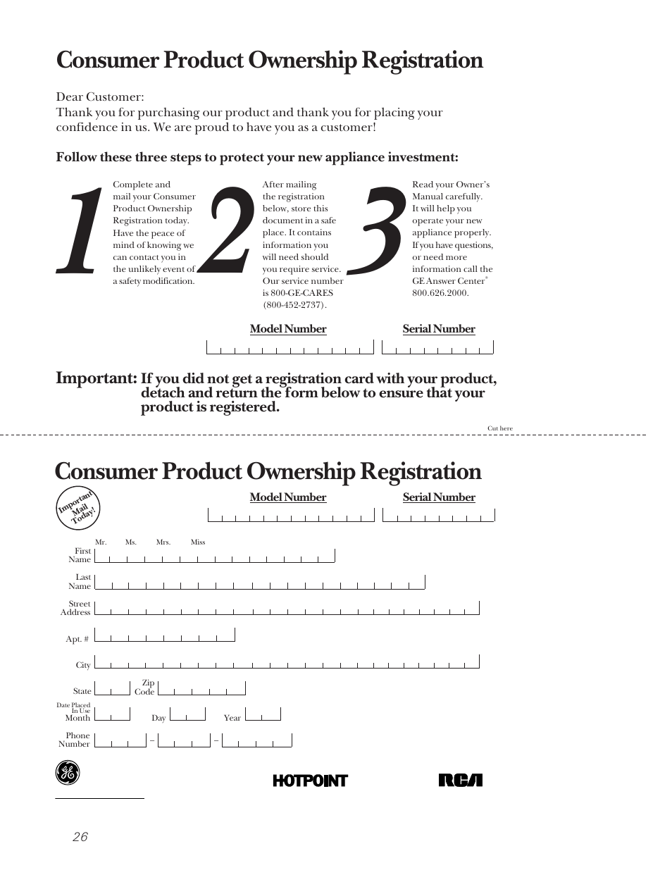 Consumer product ownership registration, Important | GE 20-27 User Manual | Page 26 / 76