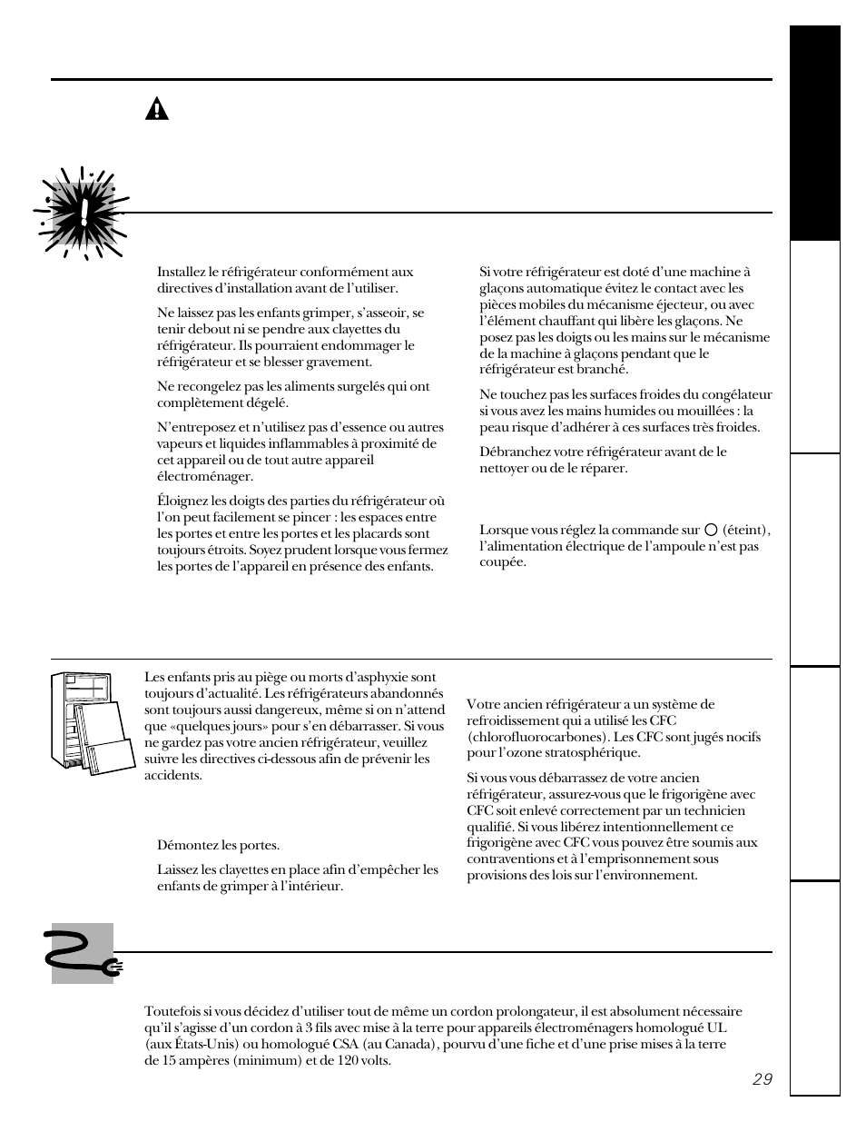Avertissement, Mesures de sécurité, Cordons prolongateurs | GE 20-27 User Manual | Page 29 / 76