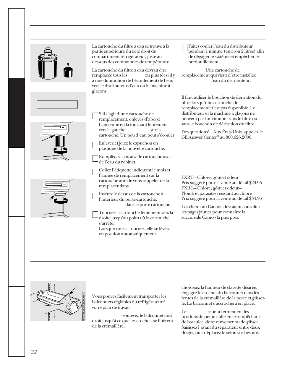 La cartouche du filtre à eau, Les clayettes et les balconnets du réfrigérateur | GE 20-27 User Manual | Page 32 / 76