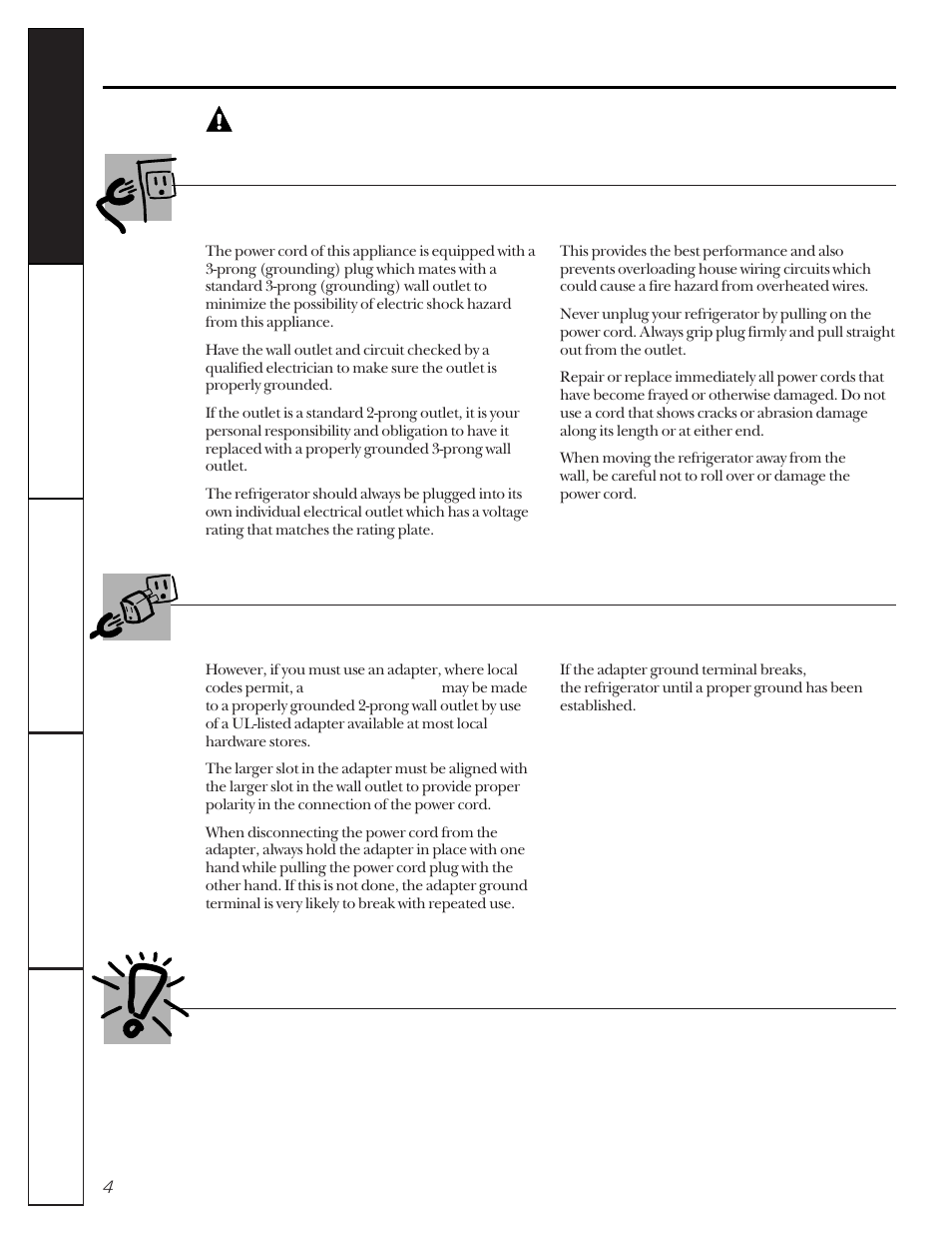 How to connect electricity, Use of adapter plugs, How to connect electricity use of adapter plugs | Warning | GE 20-27 User Manual | Page 4 / 76