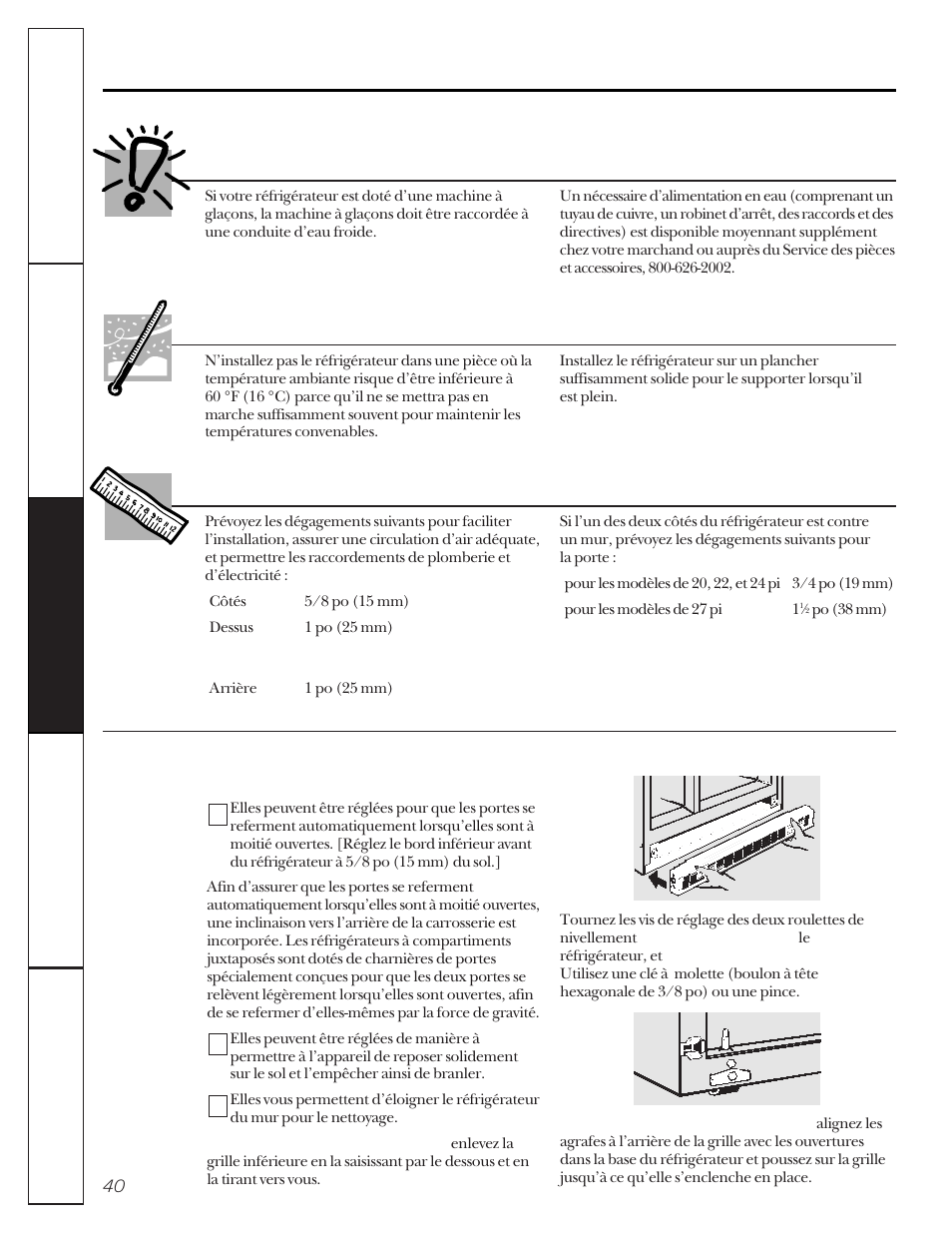 Préparation, Alimentation en eau de la machine à glaçons, Emplacement du réfrigérateur | Dégagements | GE 20-27 User Manual | Page 40 / 76