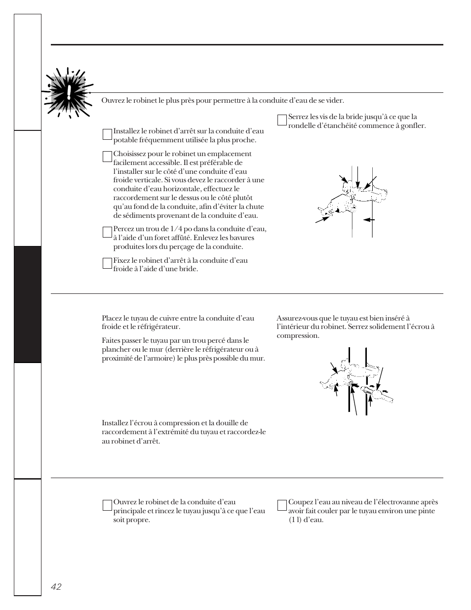 Installation de la conduite d’eau, Fermez le robinet de la conduite d’eau principale | GE 20-27 User Manual | Page 42 / 76