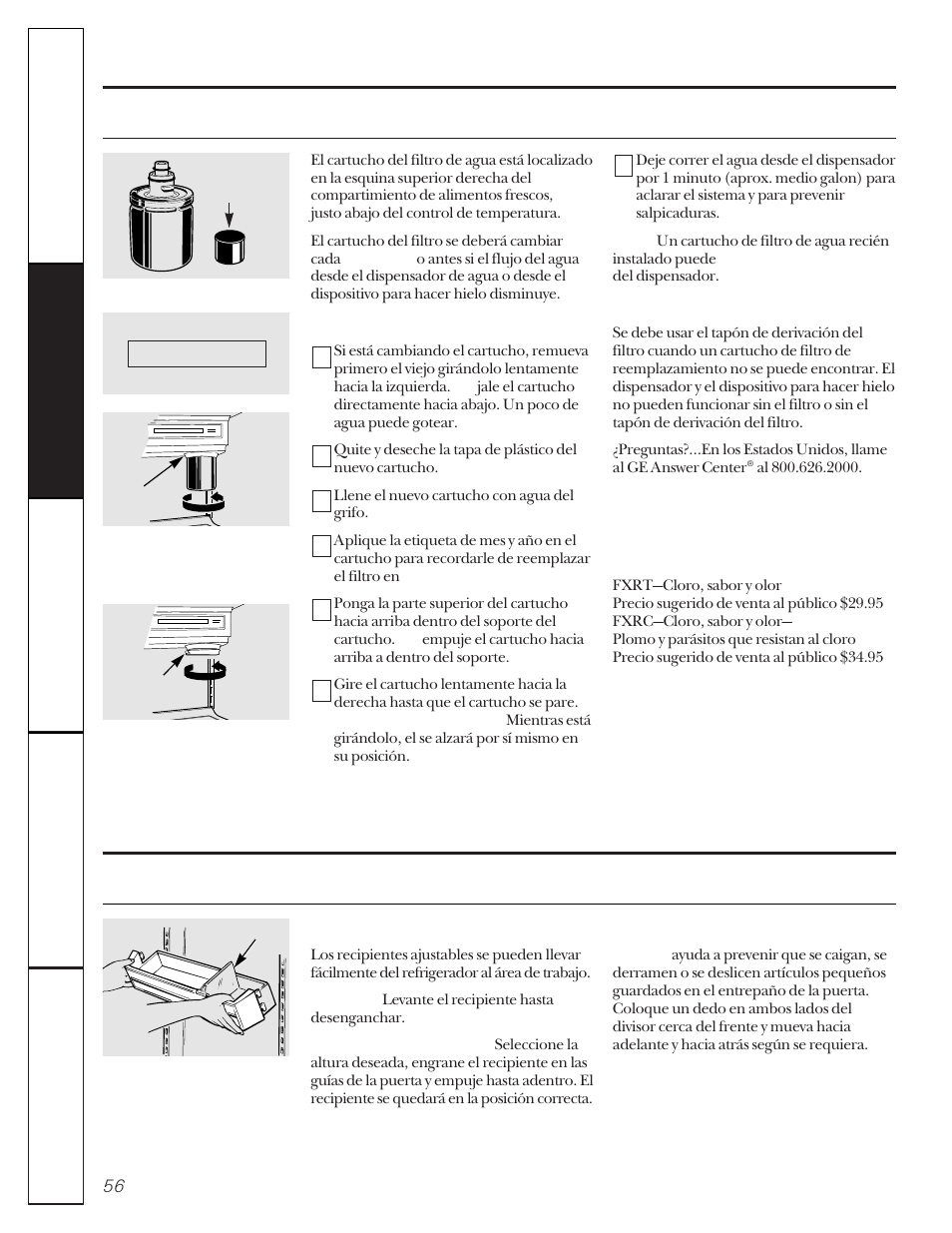 El cartucho del filtro de agua, Los entrepaños y recipientes del refrigerador | GE 20-27 User Manual | Page 56 / 76