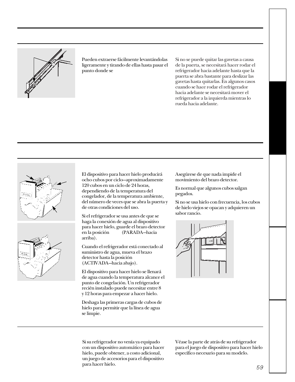 Sacar la gaveta para guardar, El dispositivo automático para hacer hielo | GE 20-27 User Manual | Page 59 / 76