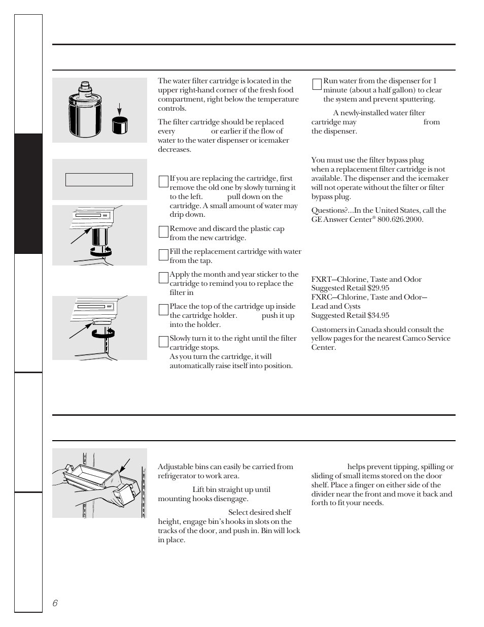 About the water filter cartridge, About the refrigerator shelves and bins | GE 20-27 User Manual | Page 6 / 76