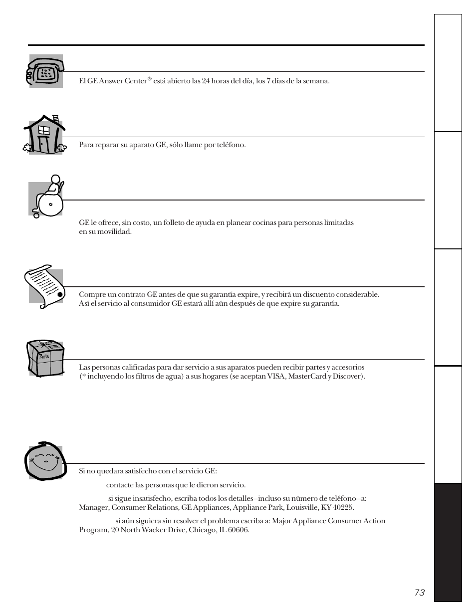 Números de servicio. ge answer center, Reparaciones en su hogar, Necesidades especiales | Contratos de servicio, Partes y accesorios, Servicio satisfactorio | GE 20-27 User Manual | Page 73 / 76