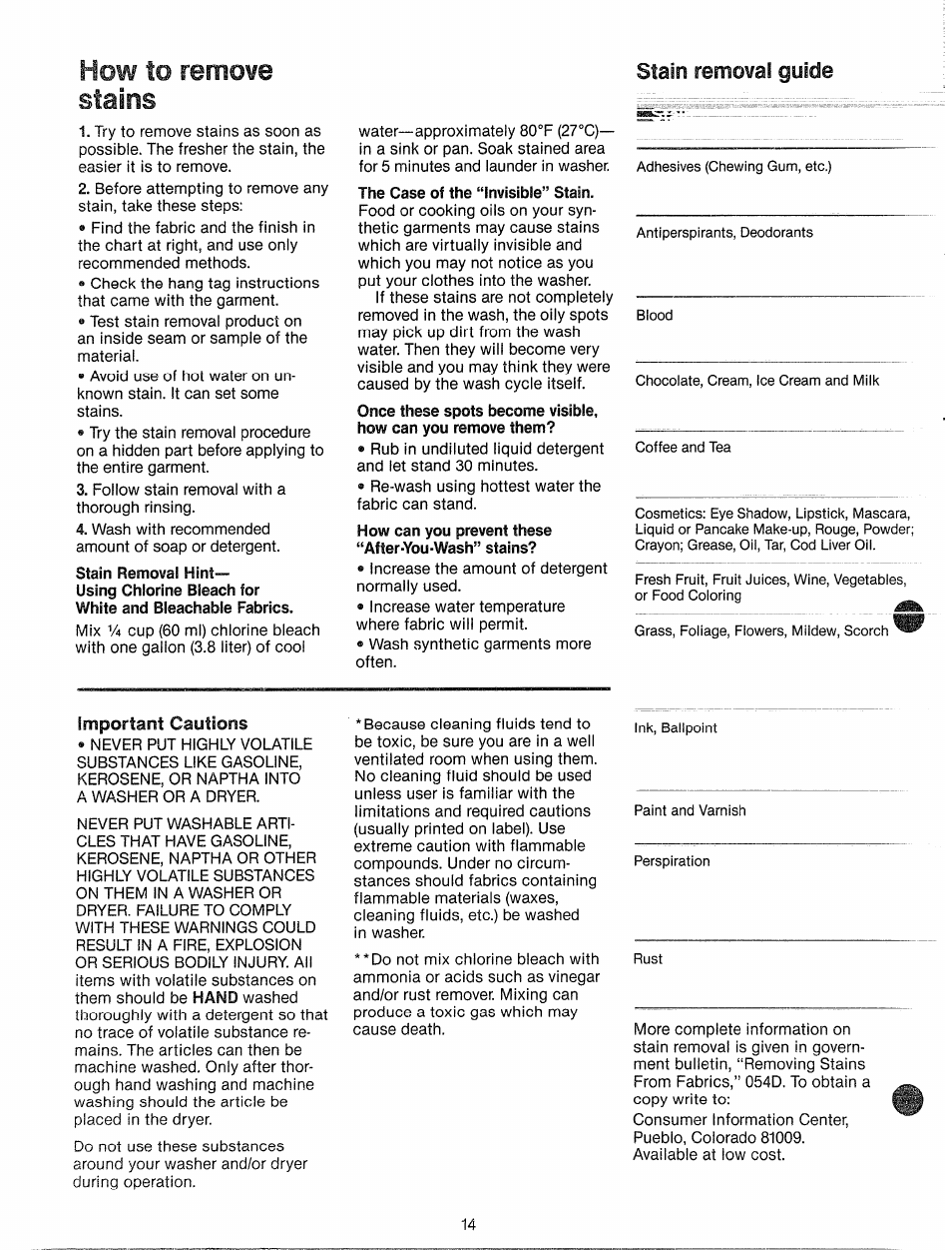 How to remove stains | GE WWP1180F User Manual | Page 14 / 24