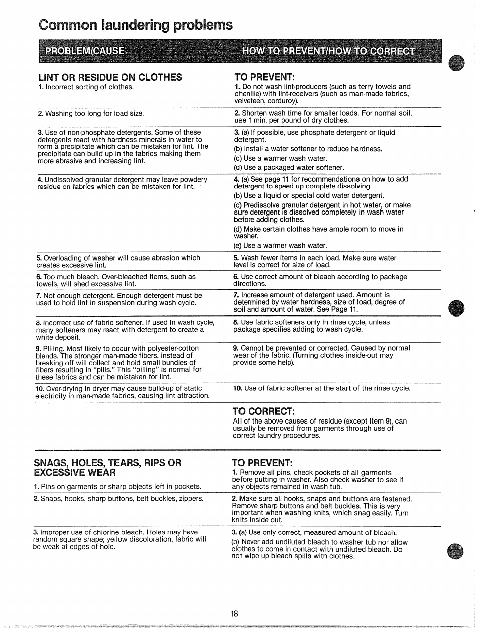 Common laundering problems, How to prevent/how to corr, Snags, holes, tears, rips or excessive wear | GE WWP1180F User Manual | Page 18 / 24