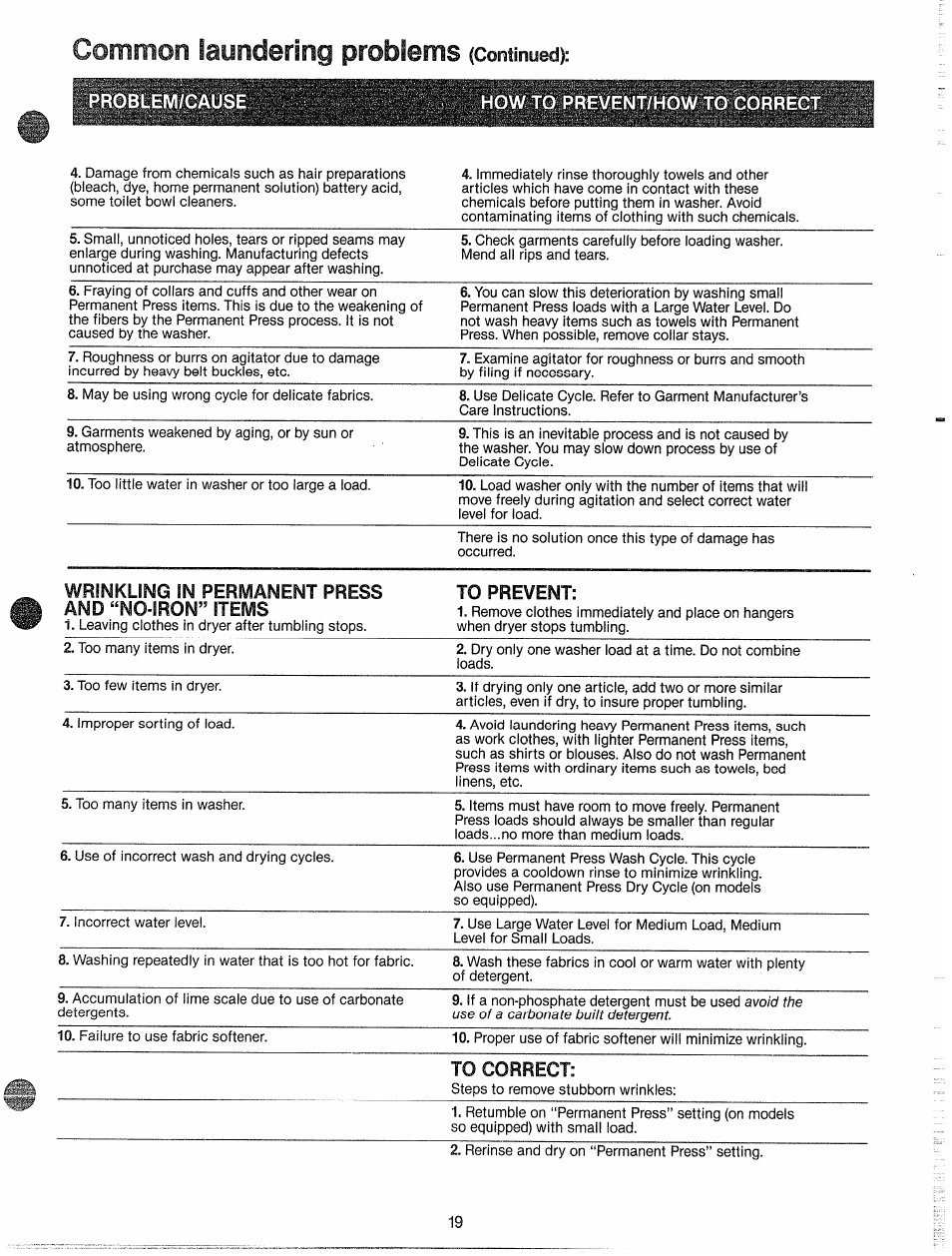 Common laundering problems (continyed), How to prevent/how to corre, Common laundering problems | Continyed), Problem/cause how to prevent/how to corre, Wrinkling in permanent press and “no-iron” items | GE WWP1180F User Manual | Page 19 / 24