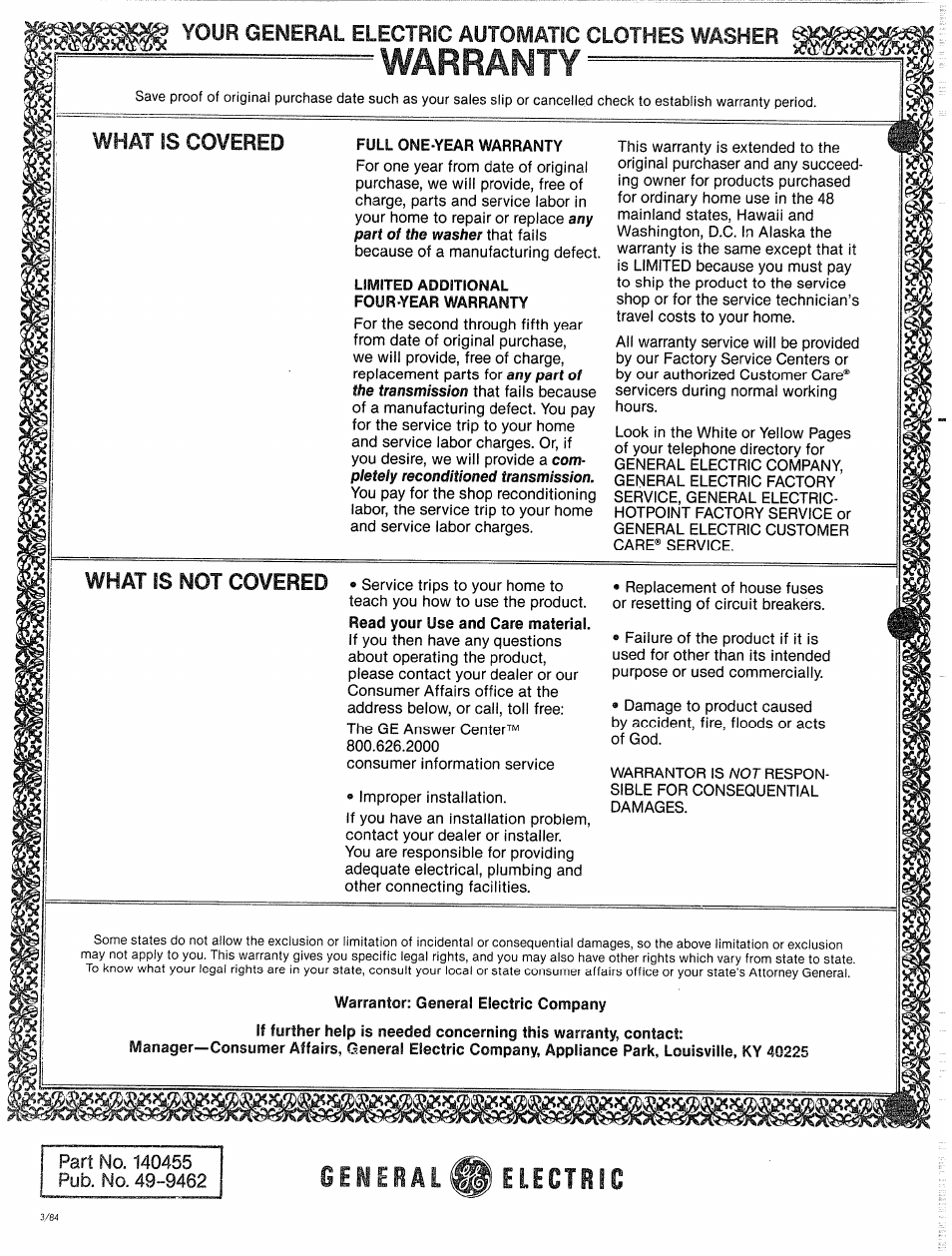 Warranty, What is | GE WWP1180F User Manual | Page 24 / 24