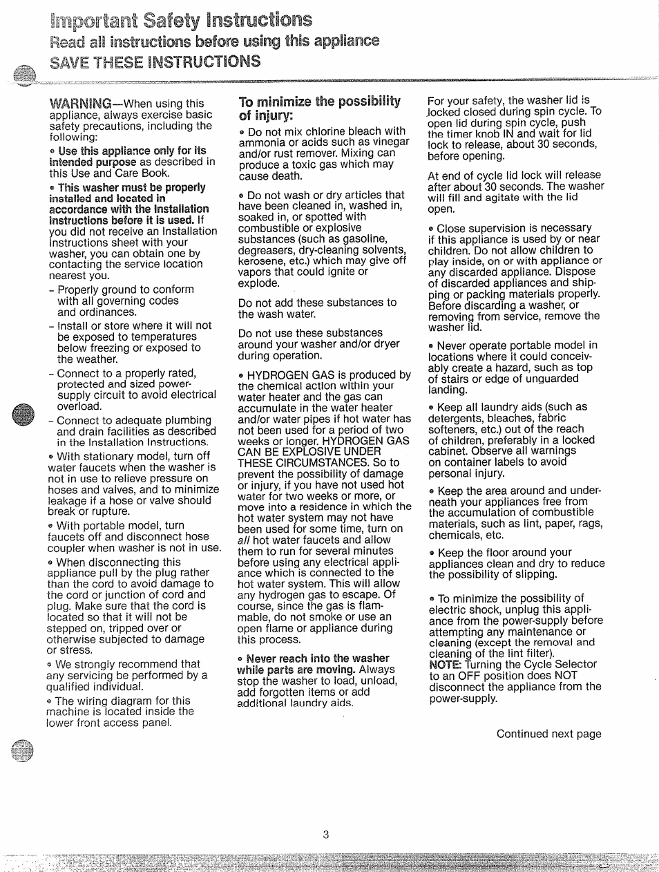 Iniportant safety iostrijctions, Read a!l iostryglions before using this appliance | GE WWP1180F User Manual | Page 3 / 24