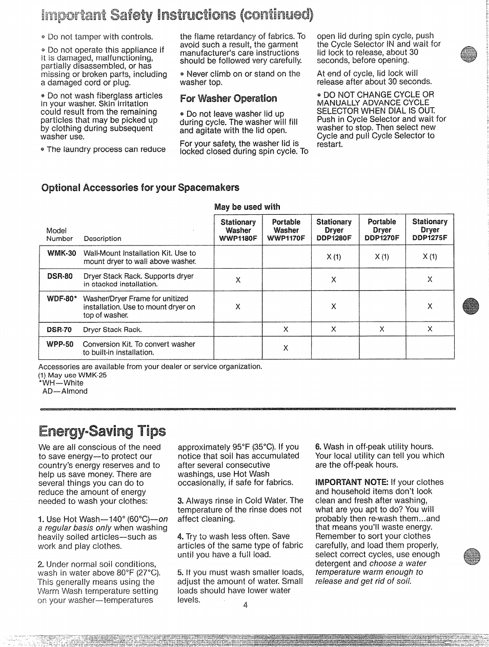 F@r washer operation, Optional accessories for your spacemakers, Energy-saving tips | Energy saving tips, Safety instruetions (continued) | GE WWP1180F User Manual | Page 4 / 24