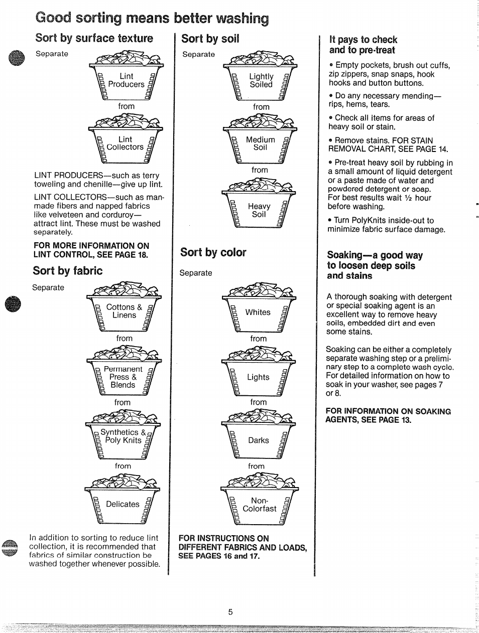 Good sorting means better washing, It pays to check and to pre-treat, Soaking—a good way to loosen deep soils and stains | Good sorting means better, Sort by fabric | GE WWP1180F User Manual | Page 5 / 24