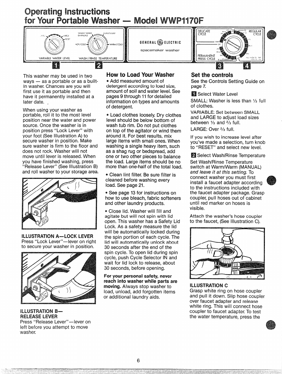 Operating instructions, For your portable washer — mode! wwp1170f, Set tlie contross | Mode! wwp1170f, Your portable washer | GE WWP1180F User Manual | Page 6 / 24