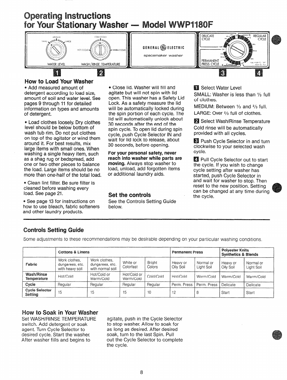 Operating instructions, For your stationary washer — model wwp1180f, Set the controls | Controls setting guide, How to soak in your washer | GE WWP1180F User Manual | Page 8 / 24