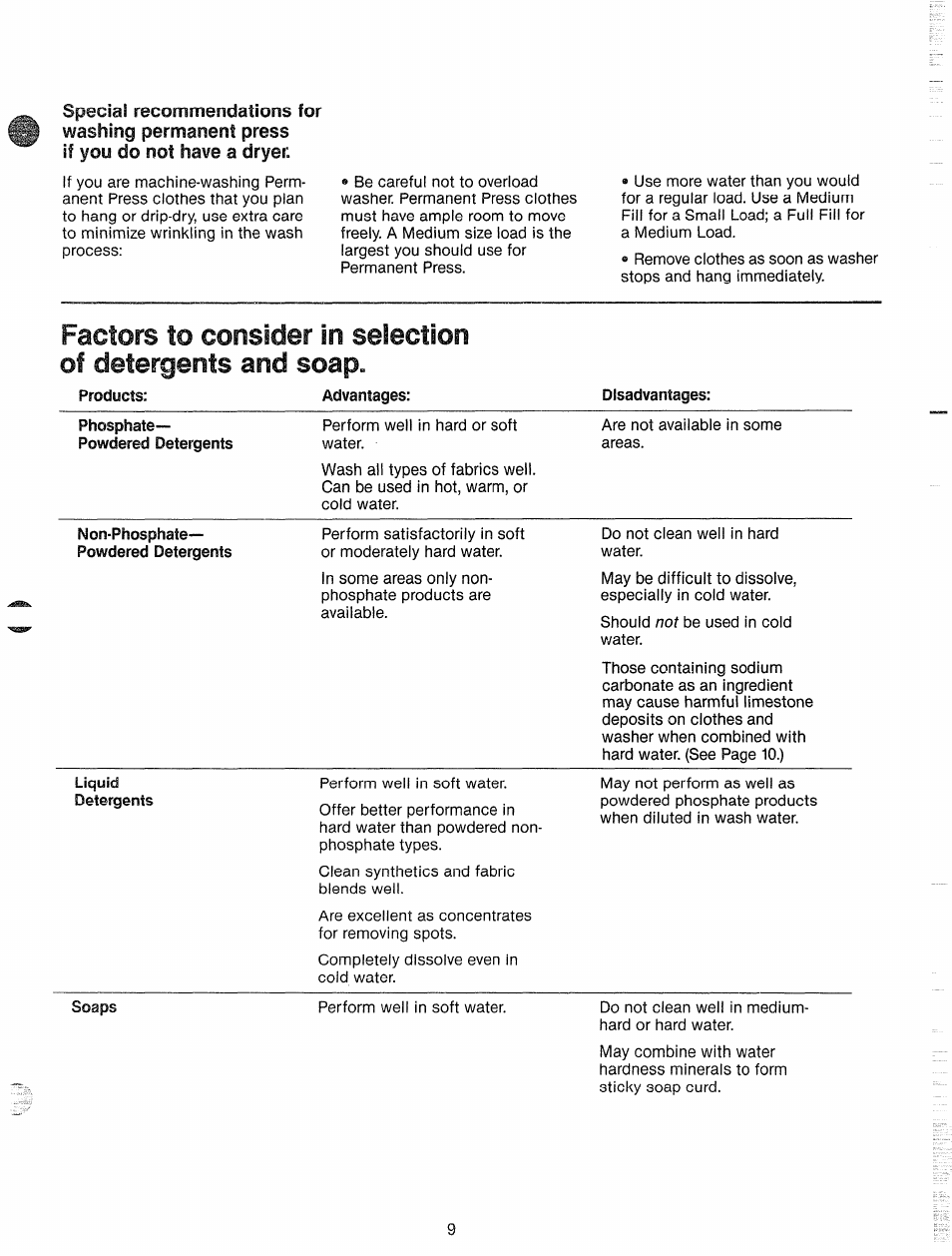 Factors to consider in selection, Factors to consider in, Of detergents and soap | GE WWP1180F User Manual | Page 9 / 24