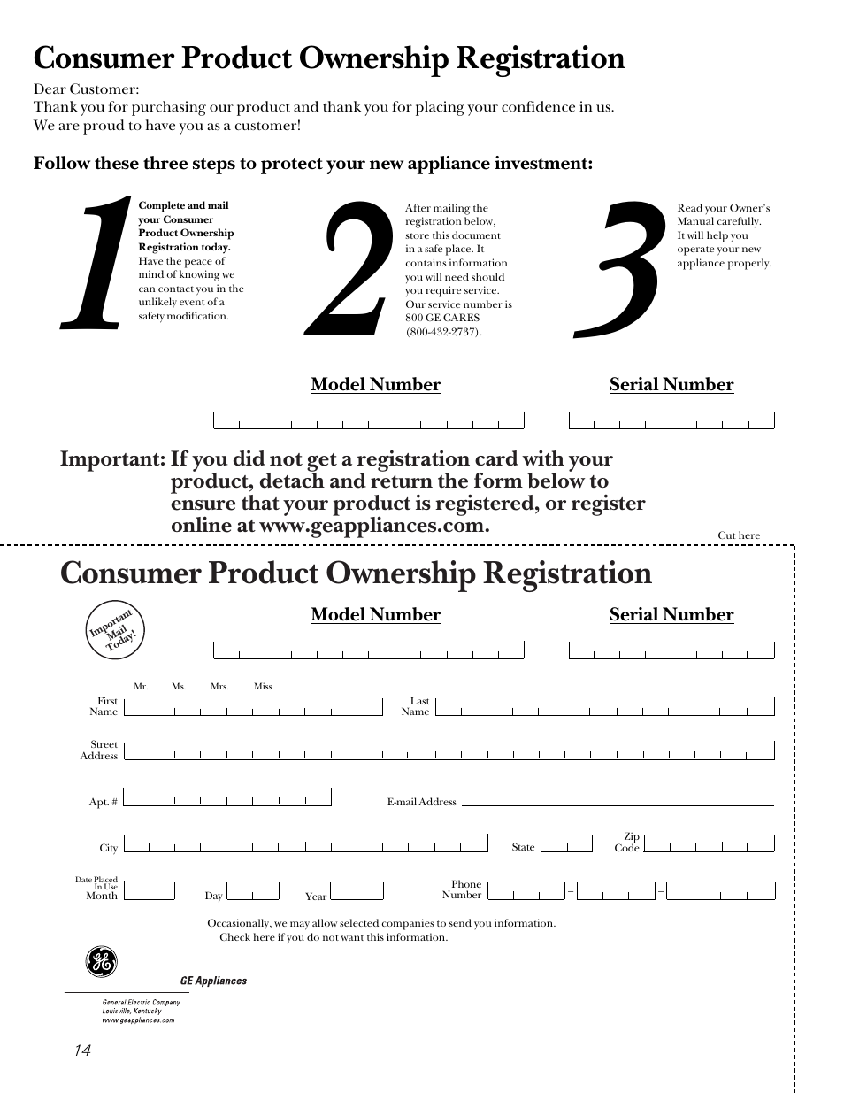Consumer product ownership registration | GE WNCD2050 User Manual | Page 14 / 16