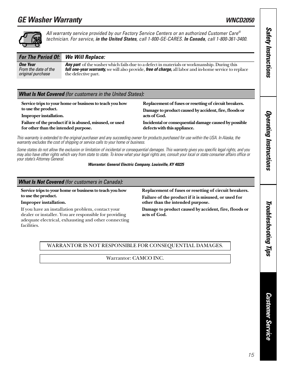 Warranty, Ge washer warranty, Wncd2050 | GE WNCD2050 User Manual | Page 15 / 16