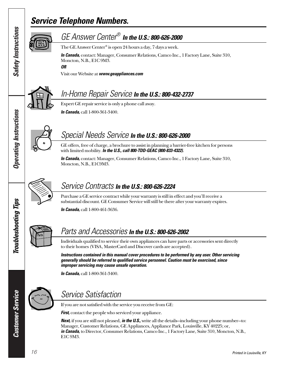 Service telephone numbers, Service telephone, Numbers , back cover | Service telephone numbers. ge answer center, In-home repair service, Special needs service, Service contracts, Parts and accessories, Service satisfaction | GE WNCD2050 User Manual | Page 16 / 16