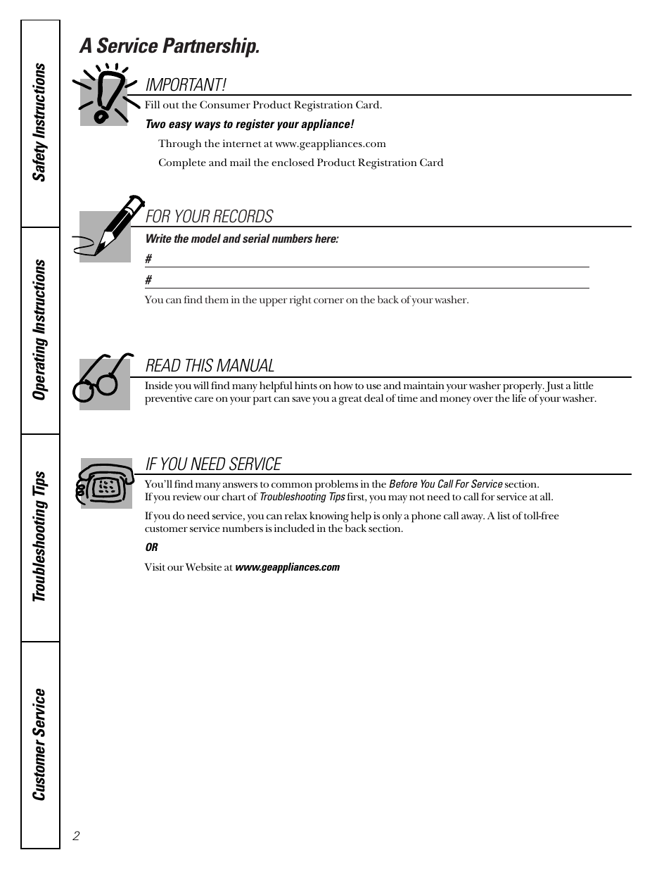 A service partnership, For your records, Important | Read this manual if you need service | GE WNCD2050 User Manual | Page 2 / 16