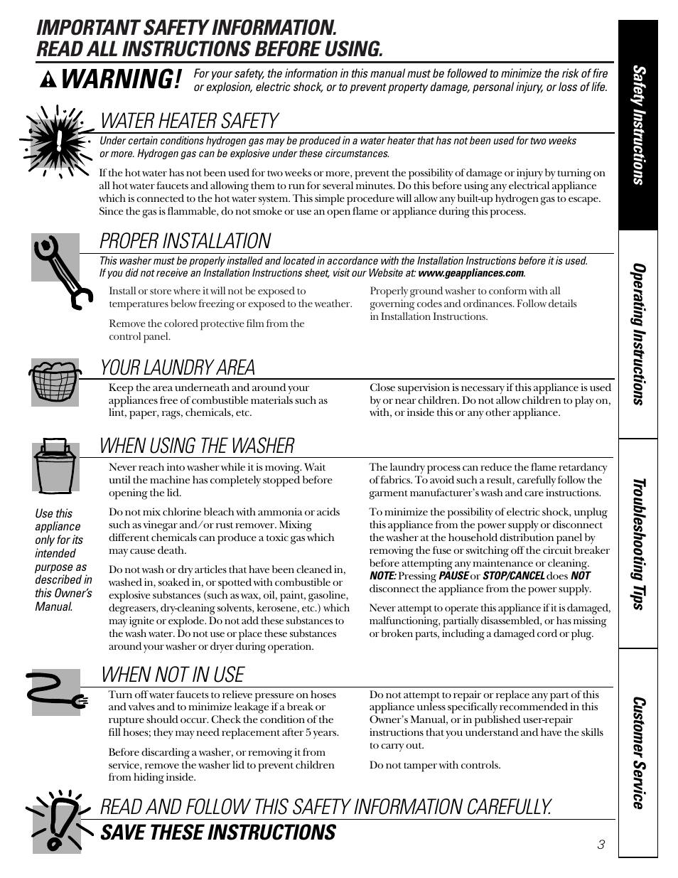 Safety information, Warning, Water heater safety | Proper installation, Your laundry area, When using the washer | GE WNCD2050 User Manual | Page 3 / 16