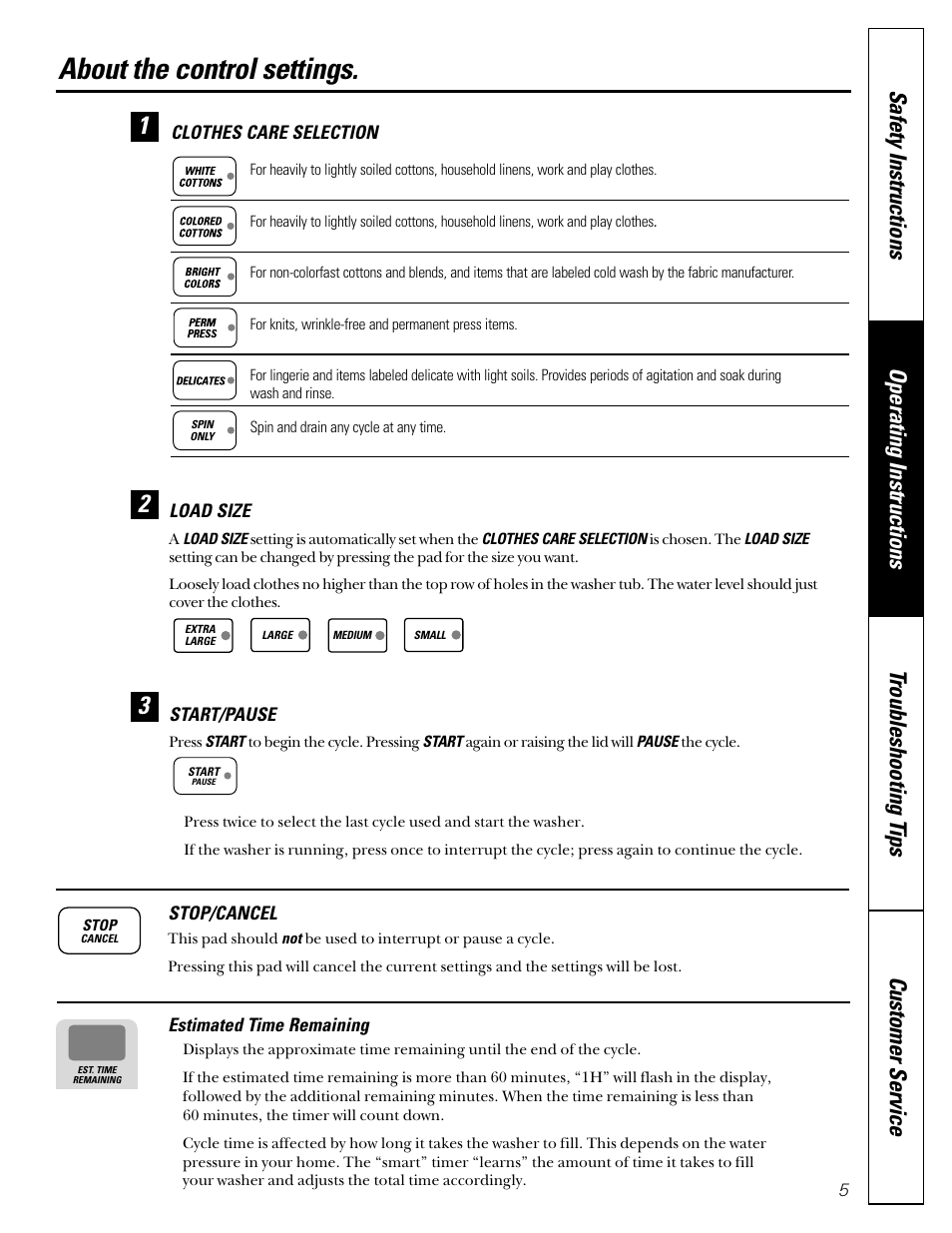 Control settings, About the control settings | GE WNCD2050 User Manual | Page 5 / 16