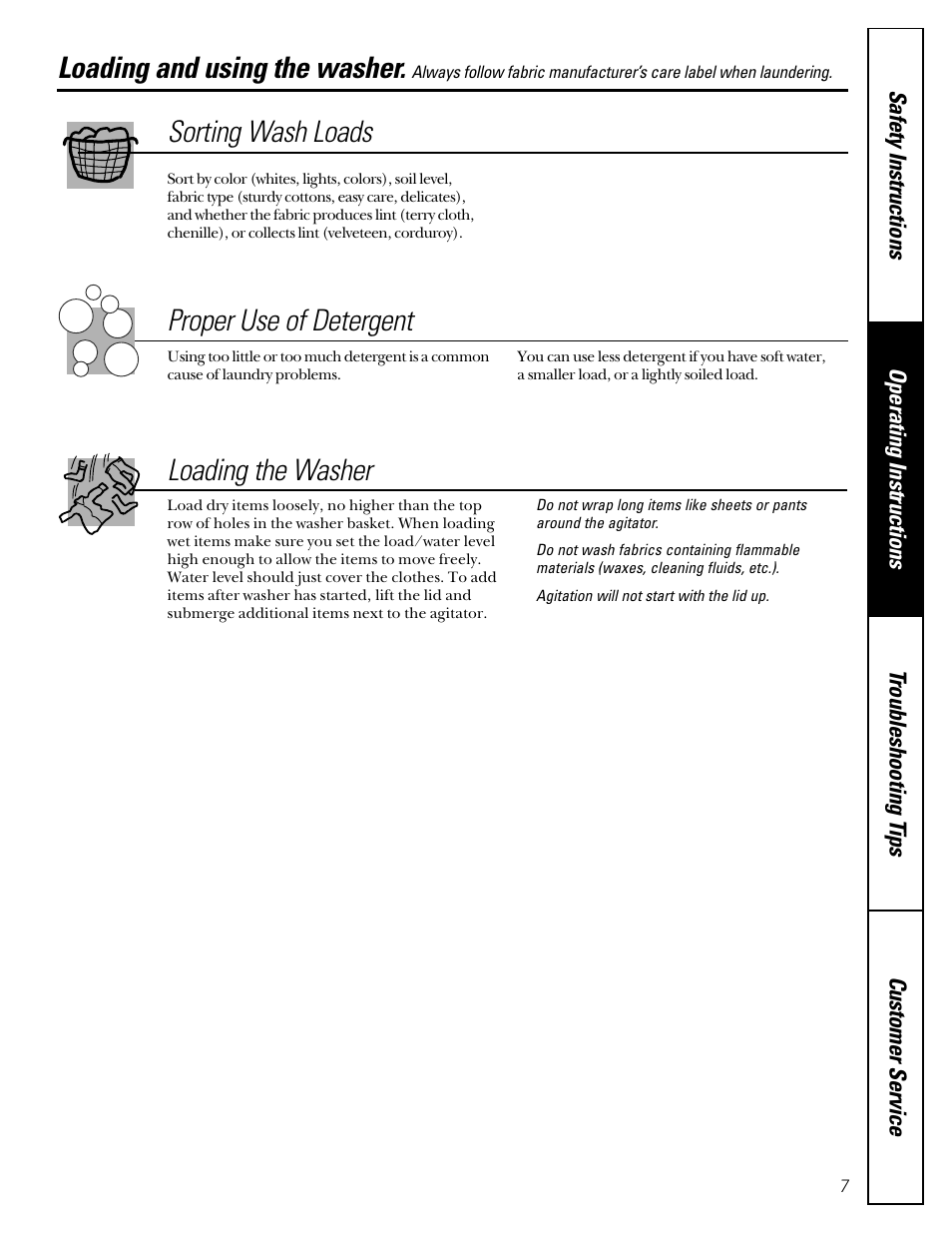 Loading and using the washer, Loading and using, The washer , 8 | Sorting wash loads proper use of detergent, Loading the washer | GE WNCD2050 User Manual | Page 7 / 16