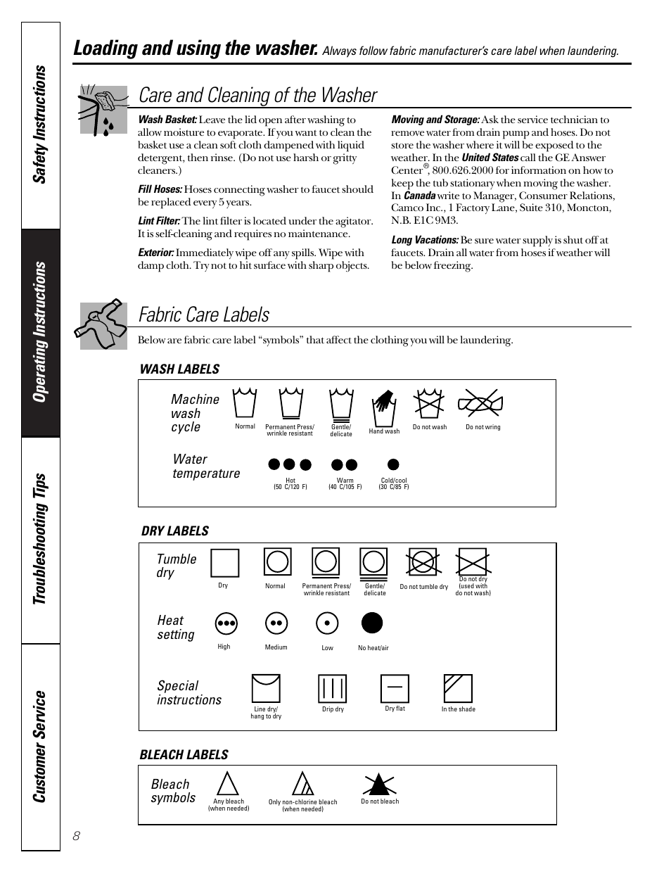 Care and cleaning of the washer, Loading and using the washer, Fabric care labels | Machine wash cycle, Water temperature, Tumble dry, Heat setting, Special instructions, Bleach symbols, Wash labels dry labels bleach labels | GE WNCD2050 User Manual | Page 8 / 16