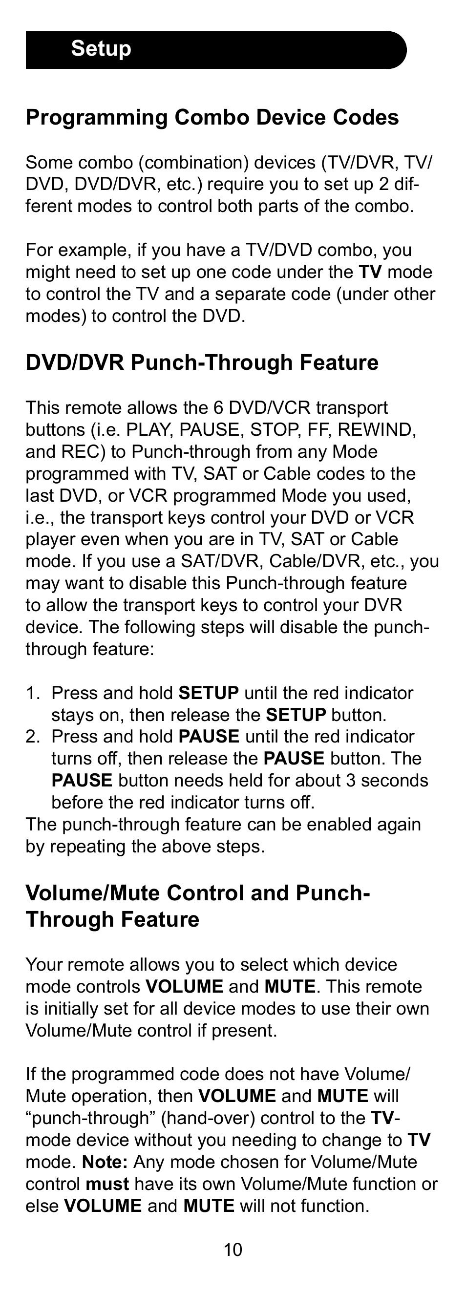 Programming combo device codes, Dvd/dvr punch-through feature, Volume/mute control and punch- through feature | Setup | GE 24958 User Manual | Page 10 / 20