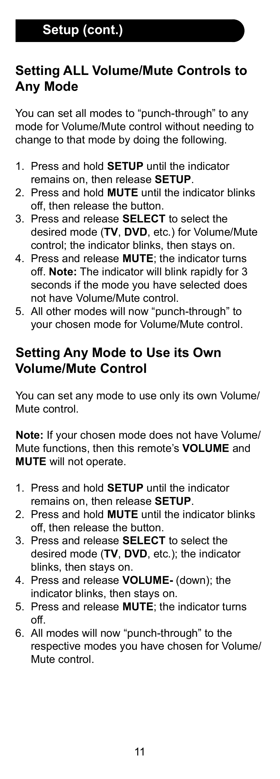 Setting all volume/mute controls to any mode, Setup (cont.) | GE 24958 User Manual | Page 11 / 20