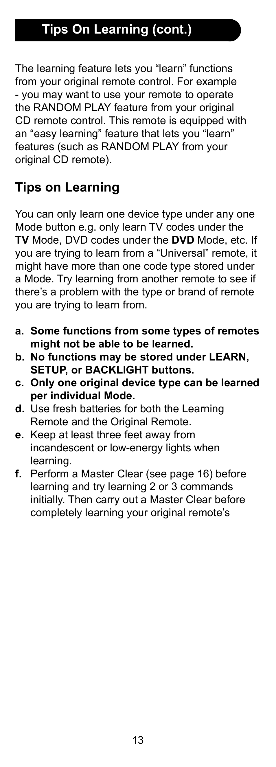 Tips on learning (cont.), Tips on learning | GE 24958 User Manual | Page 13 / 20