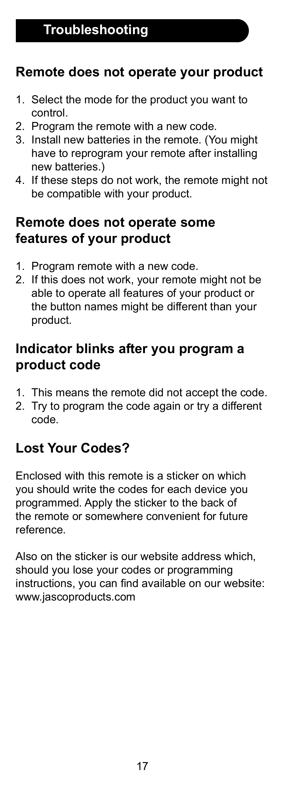 Indicator blinks after you program a product code, Lost your codes | GE 24958 User Manual | Page 17 / 20