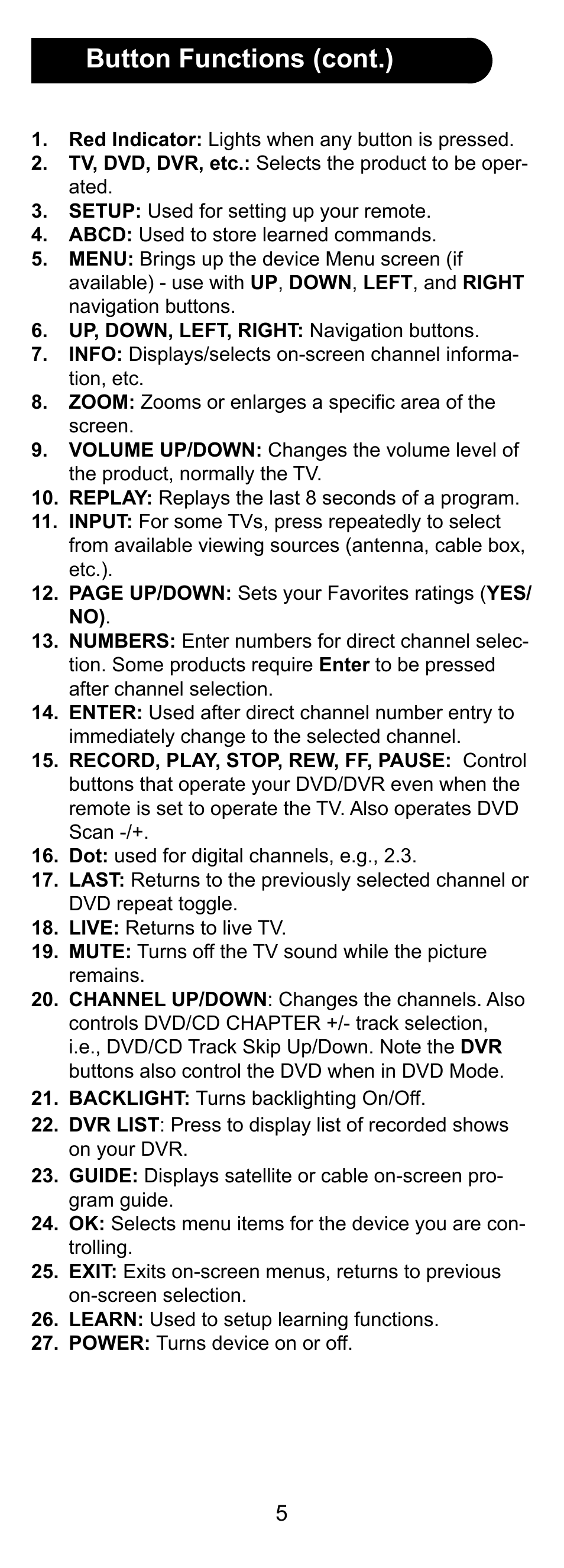 Button functions (cont.) | GE 24958 User Manual | Page 5 / 20