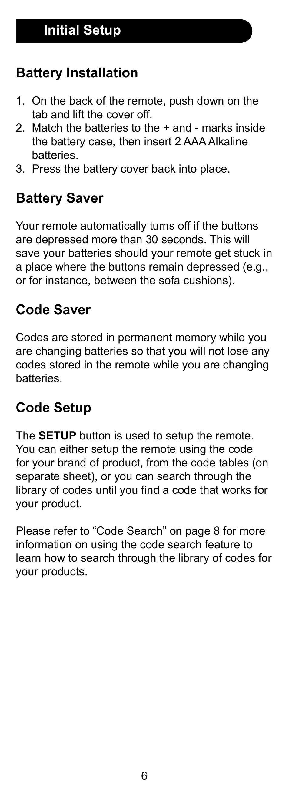 Initial setup battery installation, Battery saver, Code saver | Code setup | GE 24958 User Manual | Page 6 / 20