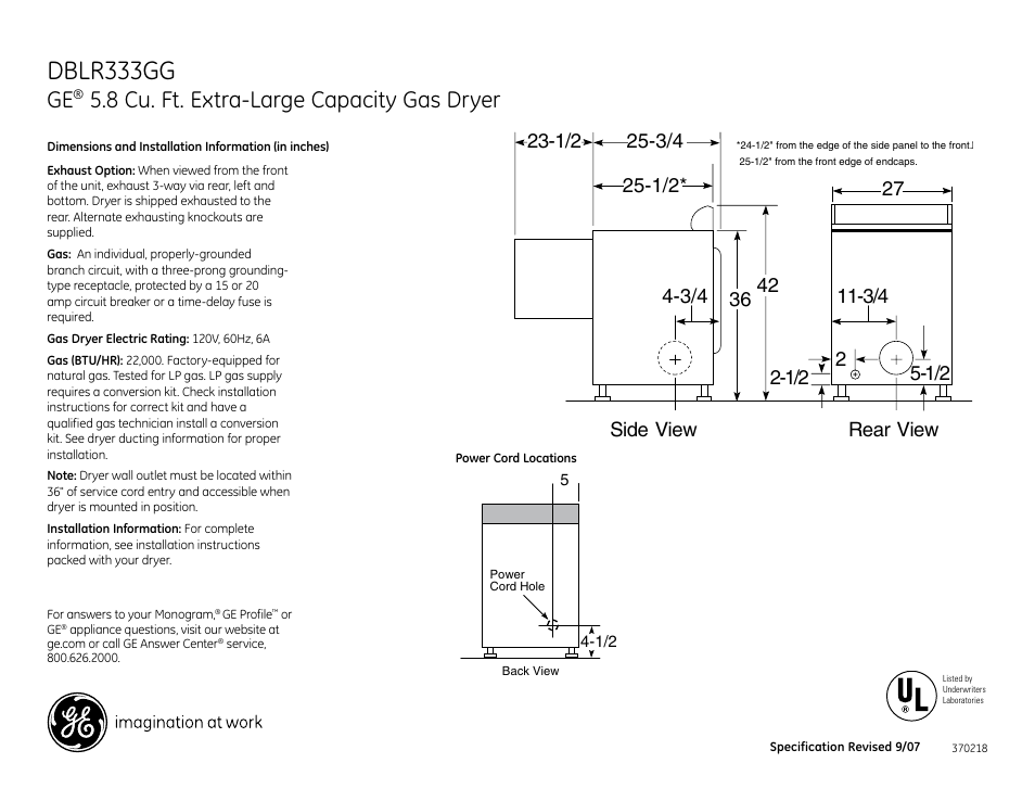 GE DBLR333GG User Manual | 3 pages